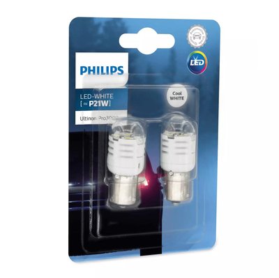 Светодиод 12V (цок.BA15s) P21 LED "Philips" (11498U30CWB2) White Ultiton Pro3000 (2шт.блист.) "Автотовары" 58792431 фото