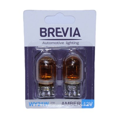 Лампа 12V (бесцок.1-контак.янтарь) W21W "Brevia" (12312B2) Amber WX3 x16d блистер 2шт. (10/250 шт) 36986553 фото