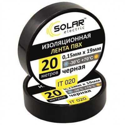 Изолента PVC 20m черная "SOLAR" -30*С -+70*С (уп.10шт) "Автотовары" 53609036 фото